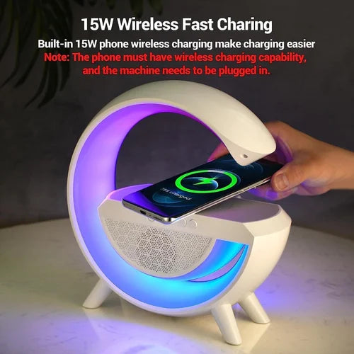 3-in-1 RGB LED Wireless Charging Speaker – Music Sync Ambient Light + Fast Qi Charger + Bluetooth Stereo Sound | Modern Bedside Lamp